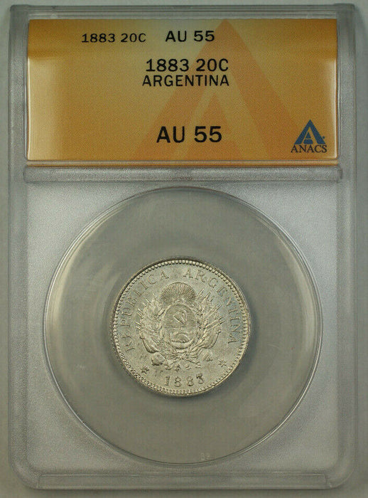 1883 Argentina 20 Centavos Silver Coin ANACS AU-55