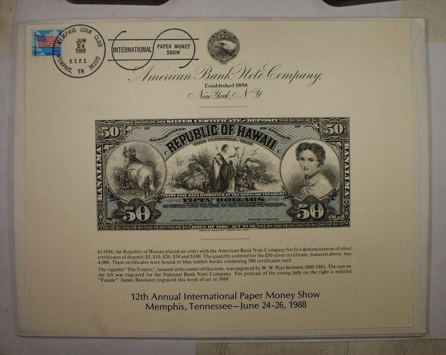 souvenir card SO 60 IPMS 1988 Face 1895 $50 Republic of Hawaii Show cancelled