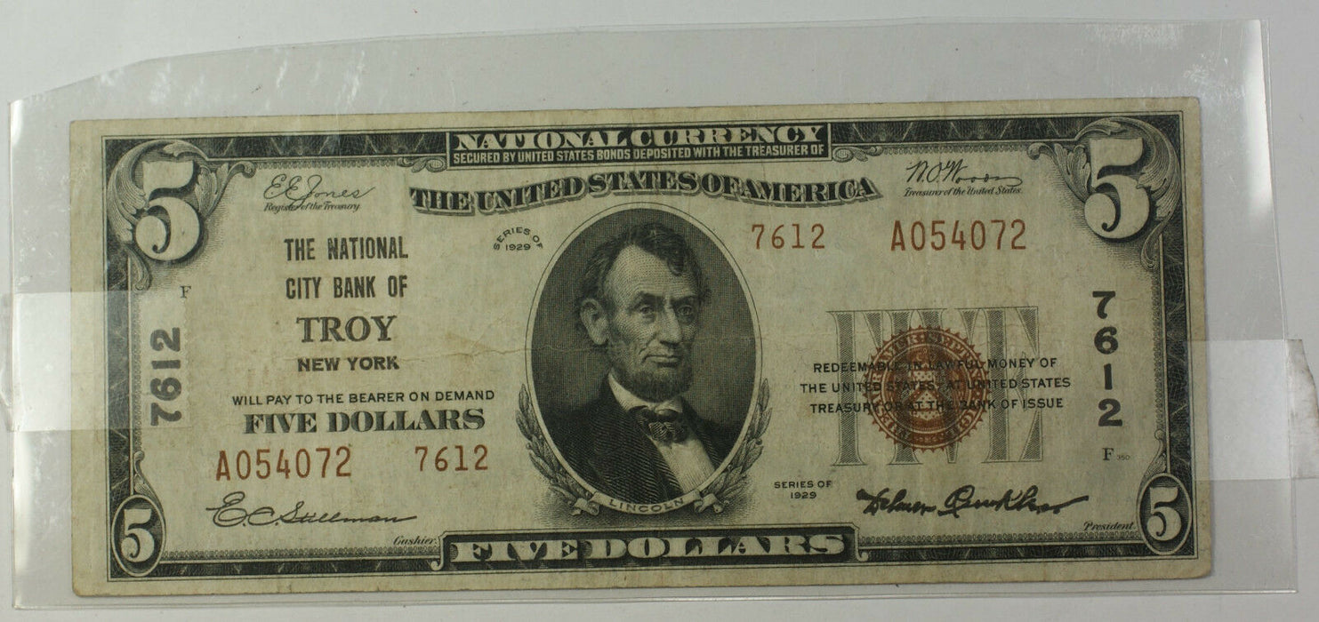 Series 1929 Type 2 $5 National Currency Banknote Troy, New York Charter 7612 (C)