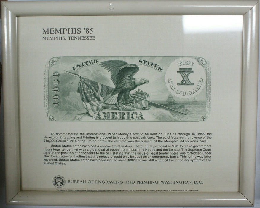 Framed IPMS Souvenir Card 1985 BEP B 81 $10,000 United States Note Reverse