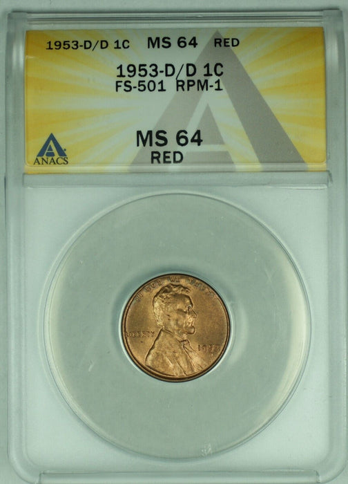 1953-D/D Lincoln Wheat Cent 1C Coin FS-501 ANACS MS 64 RD (32)