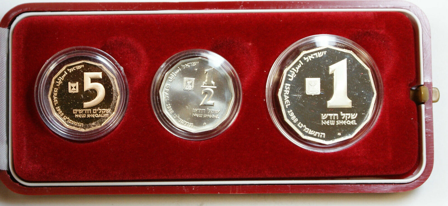1988 Israel Caesarea 3 Coin Set, Silver & Gold, Proofs + BU, 1/2, 1, 5 Sheqalim