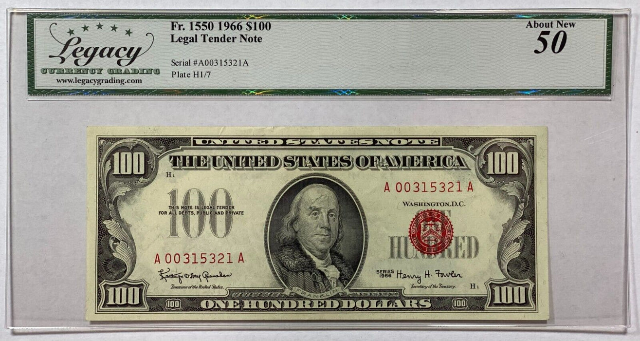 1966 $100 One Hundred Dollar Legal Tender US Note Fr. 1550 Legacy About New 50