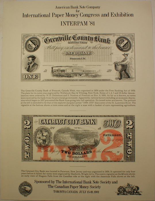 1981 ABNC INTERPAM Canada West $1 Bill & New Jersey $2 Bill Souvenir Card