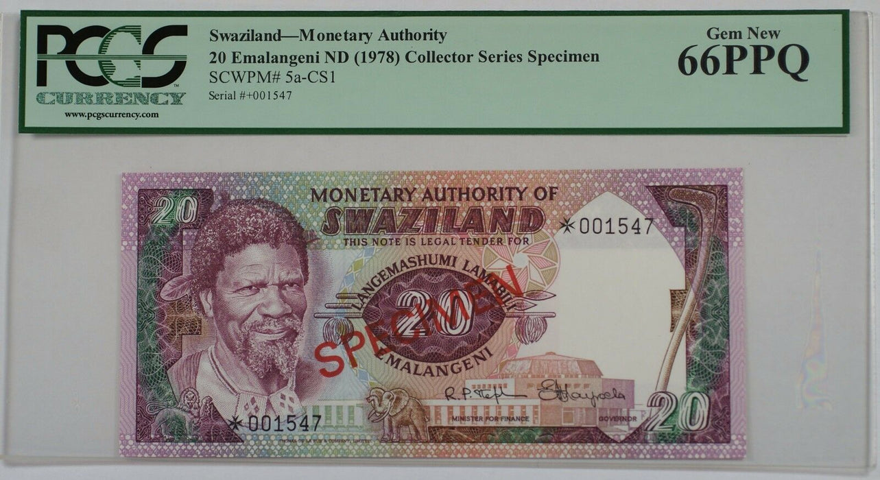 (1974) Swaziland 20 Emalangeni Specimen Note SCWPM# 5a-CS1 PCGS 66 PPQ Gem New