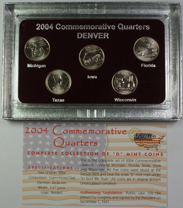 2004 Commemorative Quarters Set 5 Coins Total in Case W/ COA Denver Mint