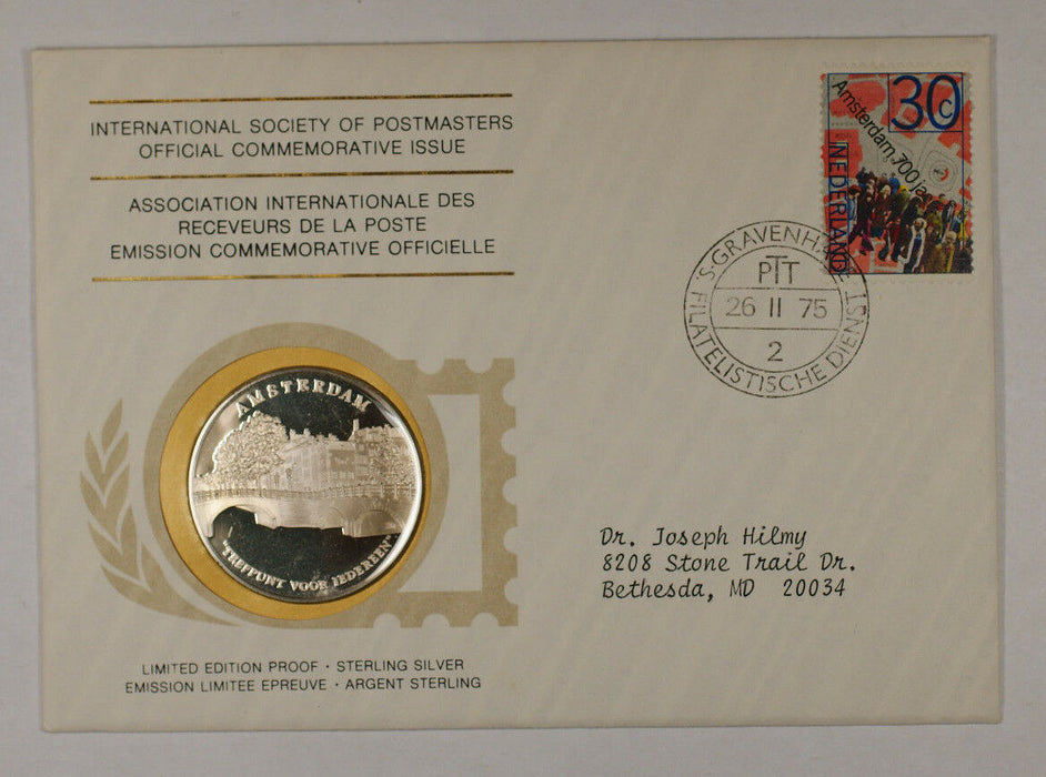 1975 Postmasters Of America Commemorative Silver Medal Amsterdam