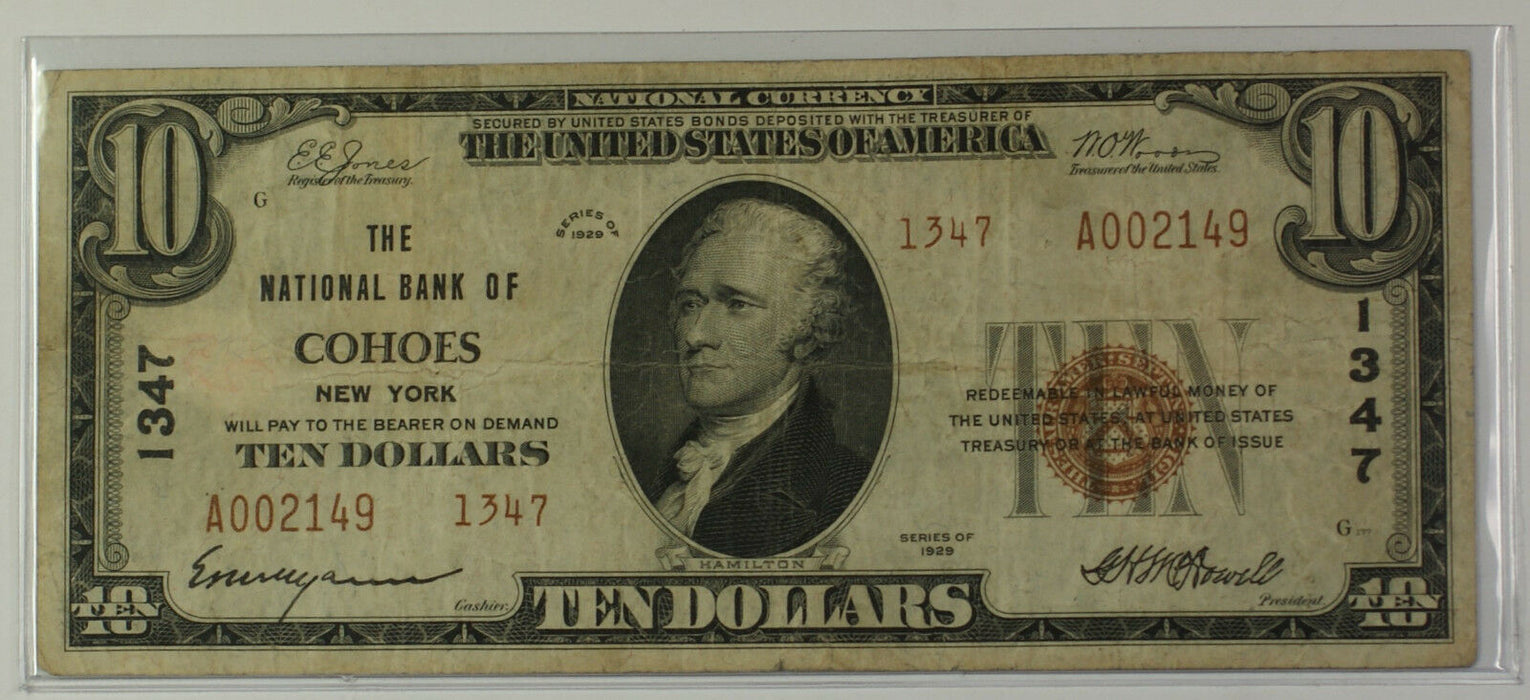 1929 Type 2 $10 Dollar National Currency Banknote Cohoes New York Charter # 1347