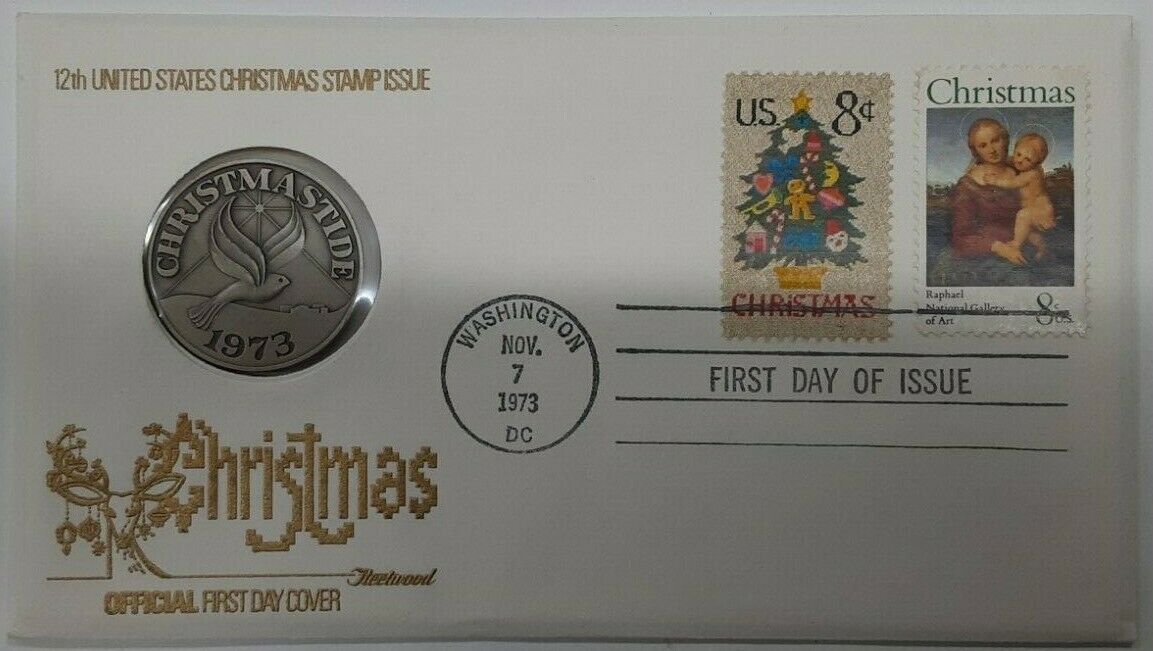 Fleetwood Commem Issue Sterling Silver Medal Xmas 1973 W/Stamps on FDC