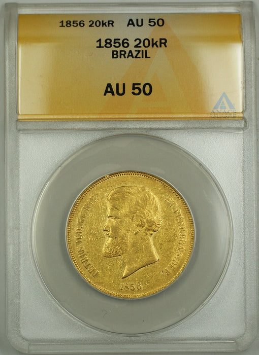 1856 Brazil 20,000 Reis Gold Coin ANACS AU-50 (A)