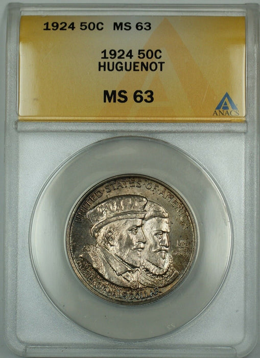1924 Huguenot Commemorative Silver Half Dollar ANACS MS-63 (Better Coin) Toned A