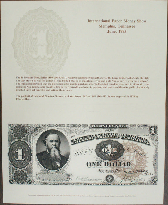 BEP 1995 B-196 IPMS 1890 Secretary of War Edwin Stanton $1 Treasury Note Face