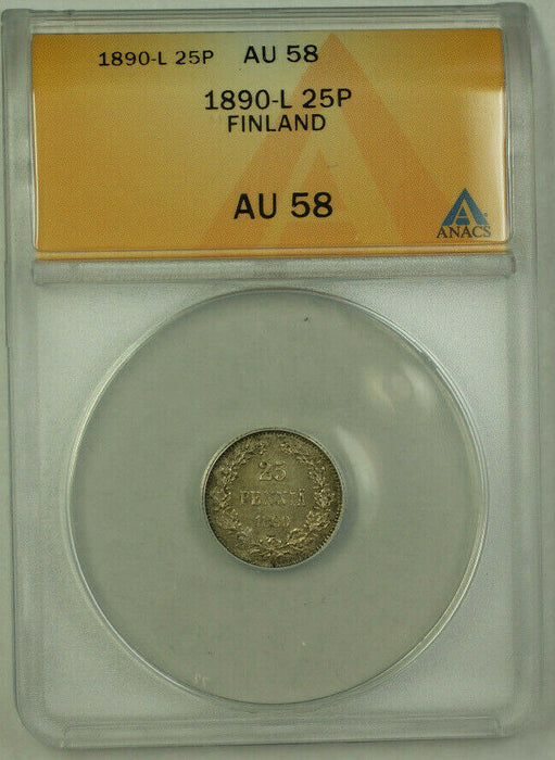 1890-L Finland Silver 25 Pennia Coin ANACS AU 58 Toned