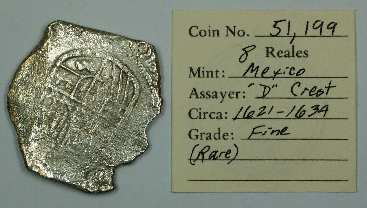Circa 1621-1634 Mexico Silver 8 Reales Cob Coin D Crest, Fine (Rare)