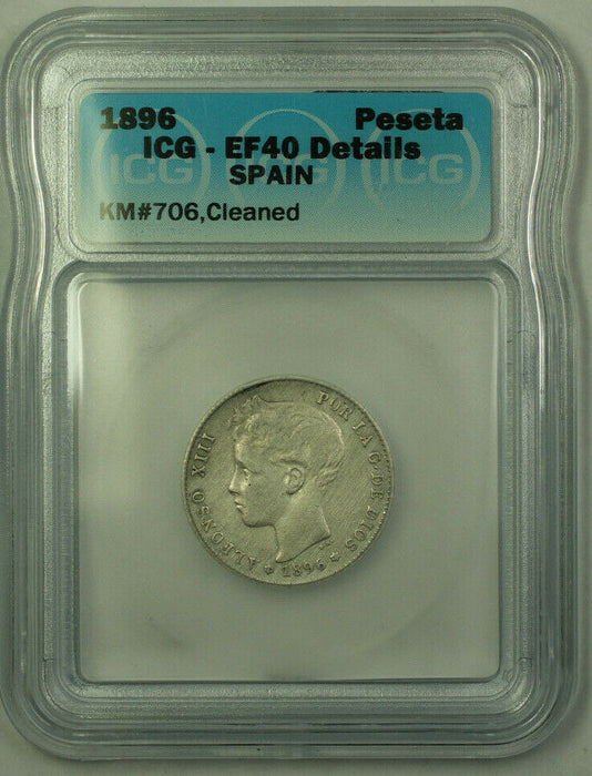 1896 Spain Silver Peseta Coin ICG EF-40 Details Cleaned KM#706