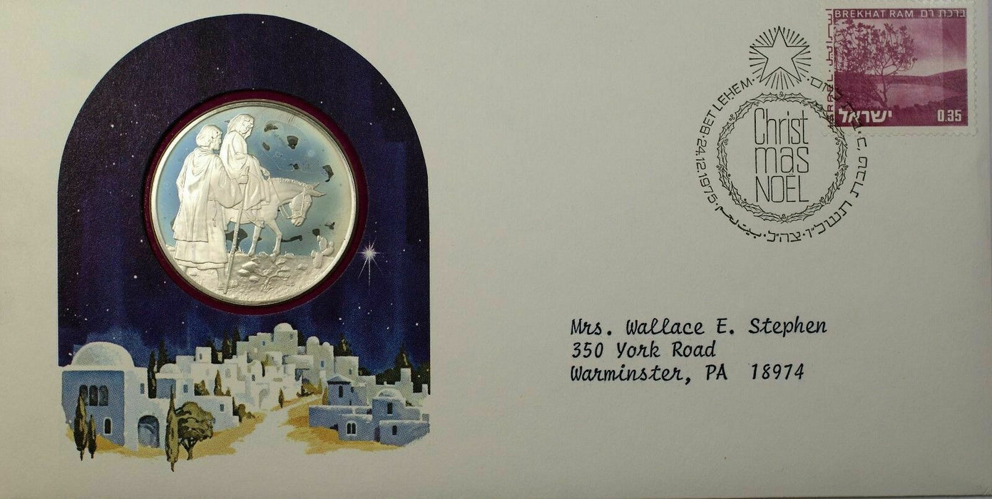 1975 Christmas in Bethlehem Sterling Silver Proof Medal 0.9 Ozt First Day Cover