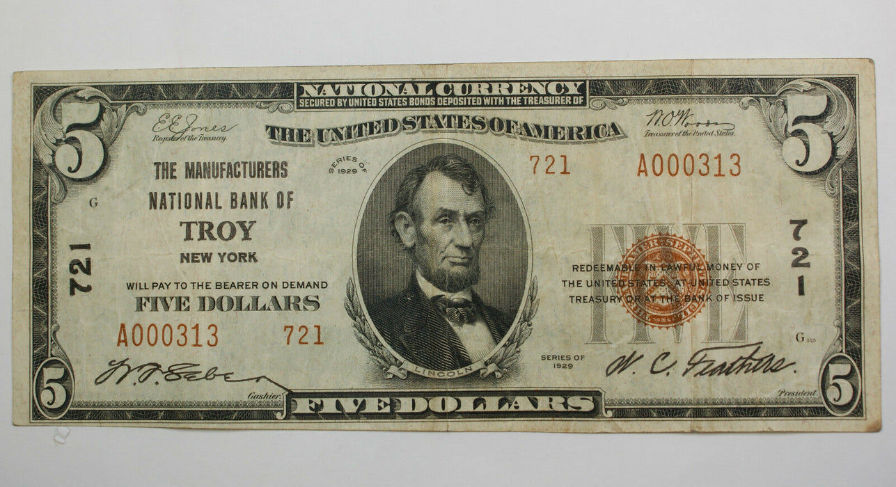 Series 1929 $5 National Currency Note, Manufacturers Bank Troy NY, 721