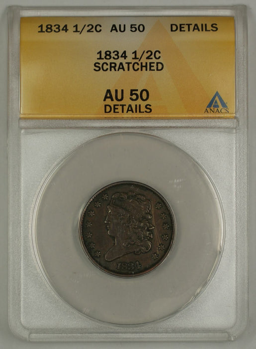 1834 Classic Head Half Cent Coin ANACS Scratched AU-50 Details