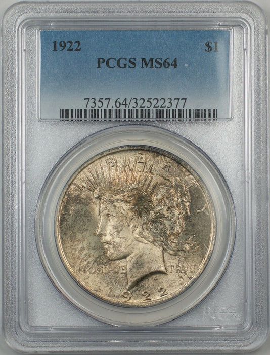 1922 Silver Peace Dollar $1 PCGS MS-64 5A Toned