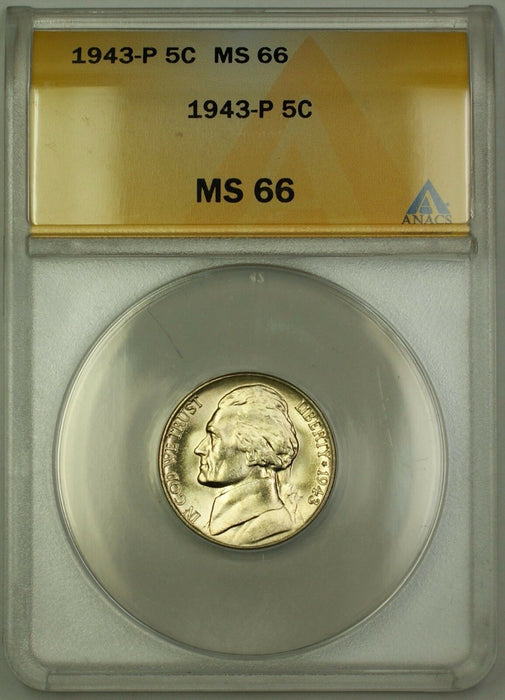 1943-P U.S. Wartime Silver Jefferson Nickel 5c Coin ANACS MS-66 (E)