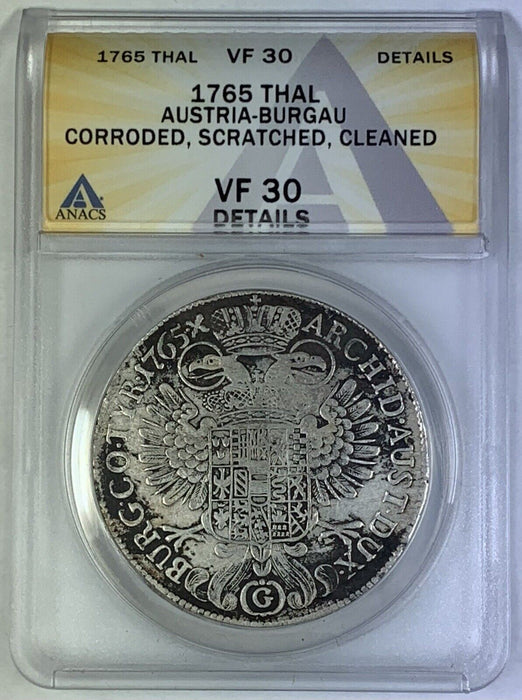 1765 Thal Austria-Burgau Coin ANACS VF 30 Details