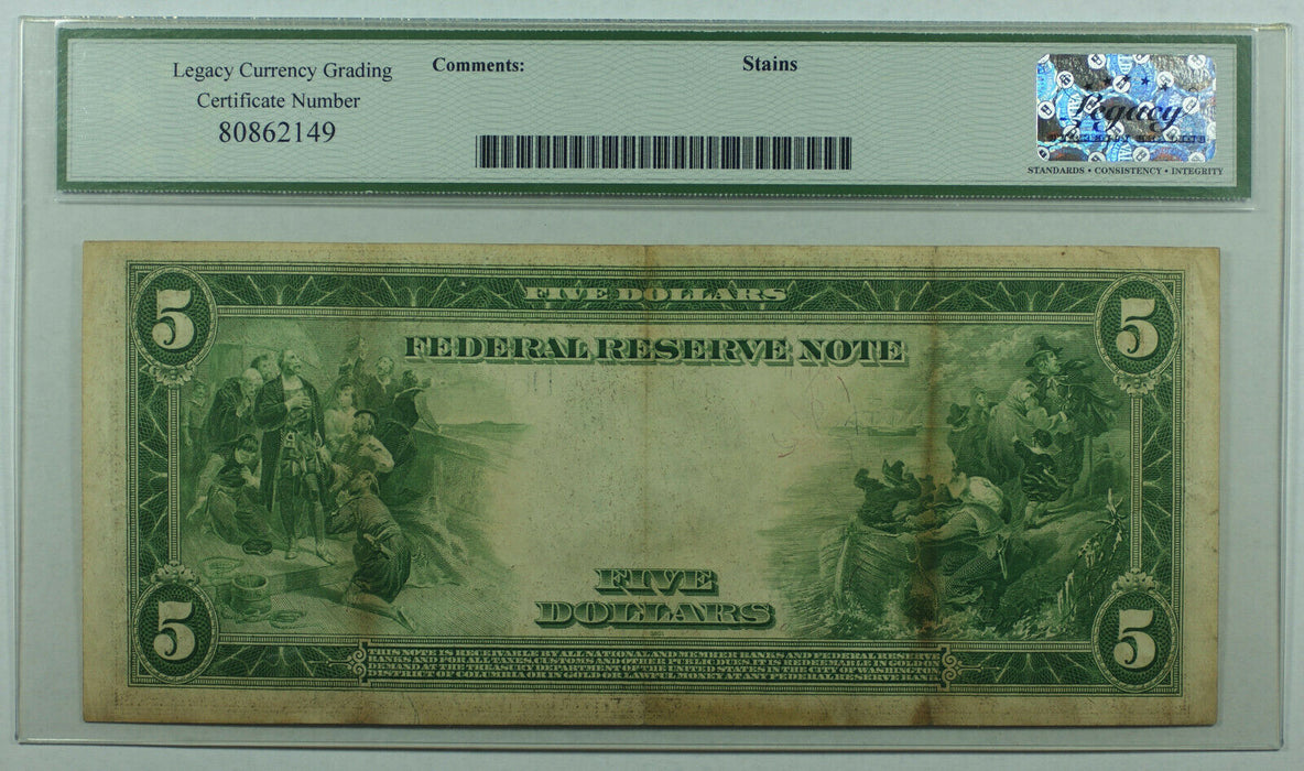 1914 Five Dollar Cleveland OH Federal Reserve Note FRN $5 Fr. 859c Legacy VF-30