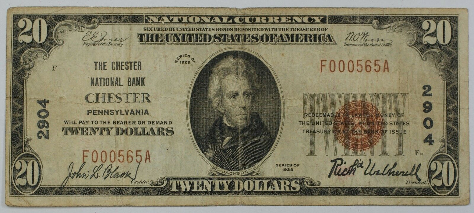 1929 US Twenty Dollar $20 National Banknote Chester PA CH# 2904 Circulated Bill