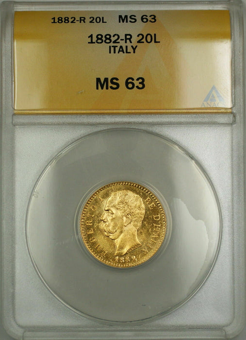 1882-R Italy 20L Lire Gold Coin ANACS MS-63