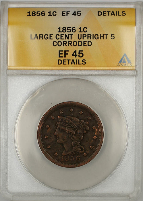 1856 Braided Hair Large Cent 1C Coin ANACS EF 45 Details Upright 5 Corroded
