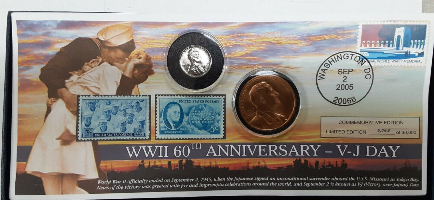 WWII 60th Anniversary of V-J Day FDC 9/2/2005 Stamp W/Steel Cent & FDR Medal