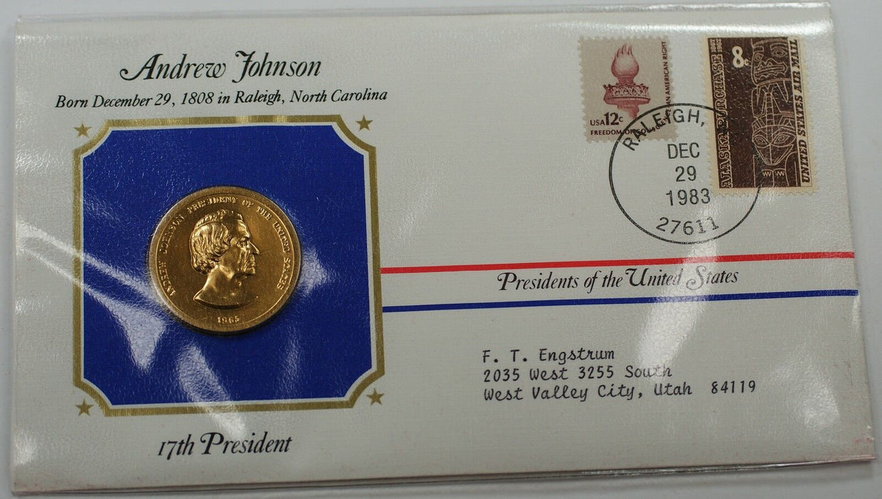 Andrew Johnson Presidential Medal 24 KT Electroplate Gold & Stamps Cover