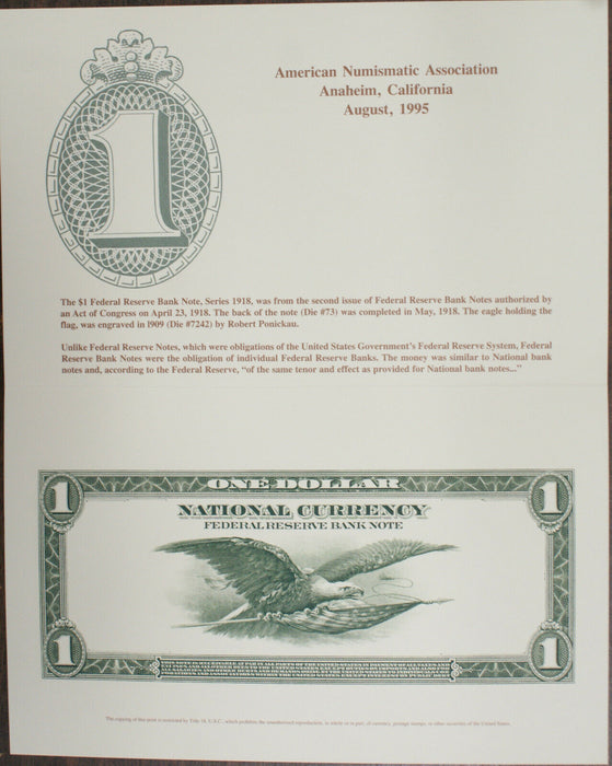 BEP 1918 B-199 ANA 1918 Flying Eagle w Flag $1 Federal Reserve Bank Note Back