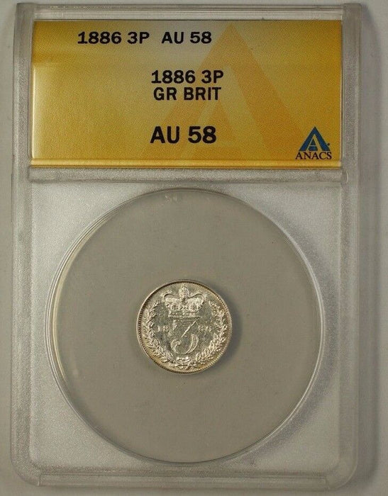 1886 Great Britain Three Pence 3P Silver Coin ANACS AU-58