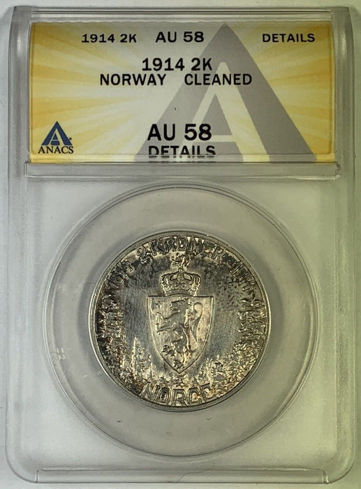 1914 2 Kroner Norway Coin ANACS AU 58 Cleaned