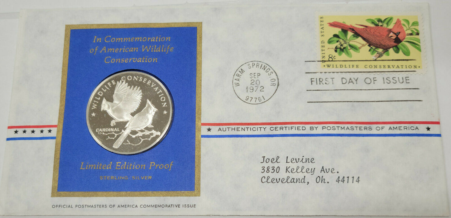 1972 American Wildlife Conservation Cardinal Silver Proof Medal with Stamp