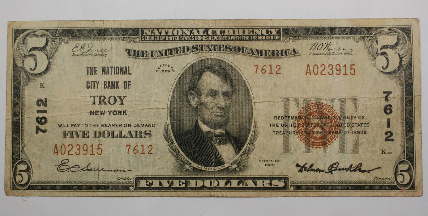 Series 1929 Type 2 $5 National Currency Banknote Troy New York Charter 7612 (A)