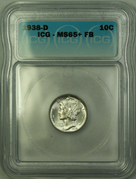 1938-D Silver Mercury Dime 10c ICG MS-65+ FB Full Bands Gem BU (Better Coin)