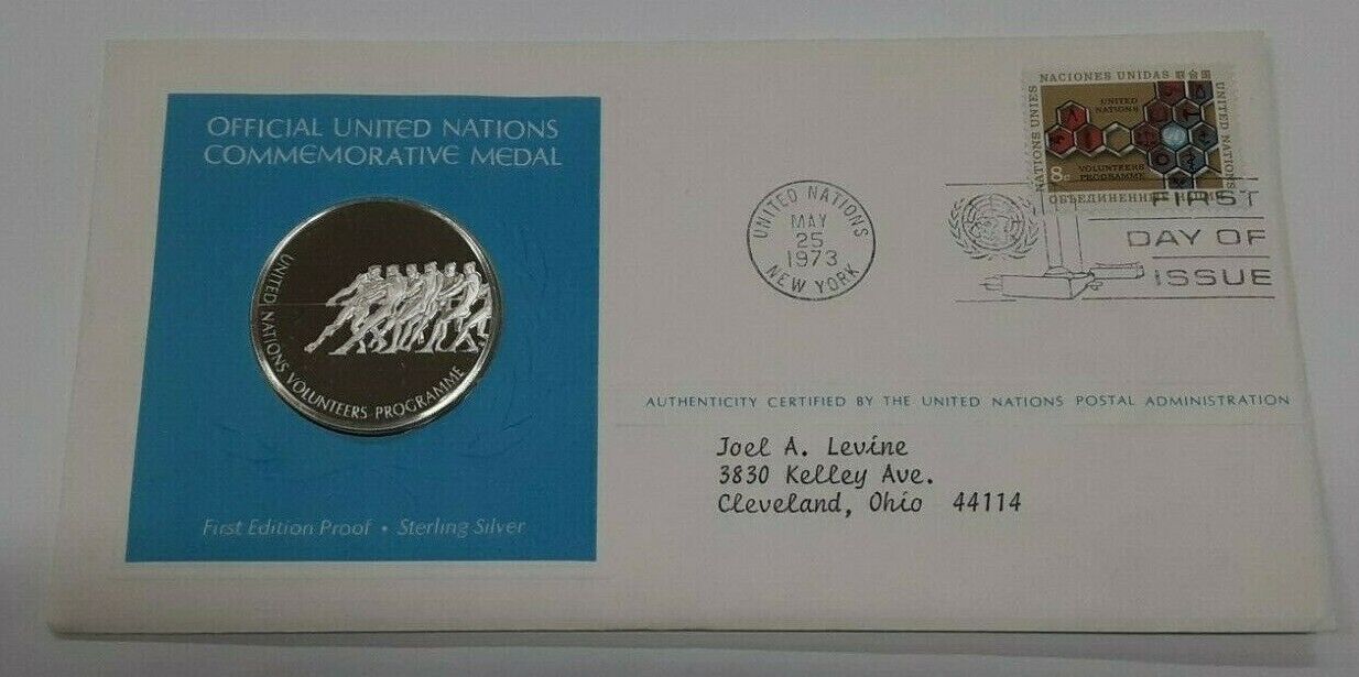 1972 United Nations FDC with Commemorative Silver Medal - UN Volunteers