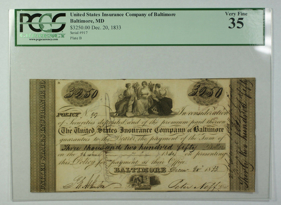 Dec 20 1833 $3250 Obsolete Currency US Insurance Co. Baltimore MD PCGS VF-35