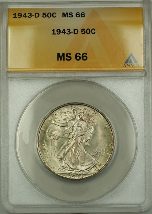 1943-D Walking Liberty Silver Half Dollar 50c Coin ANACS MS-66 Toned GEM