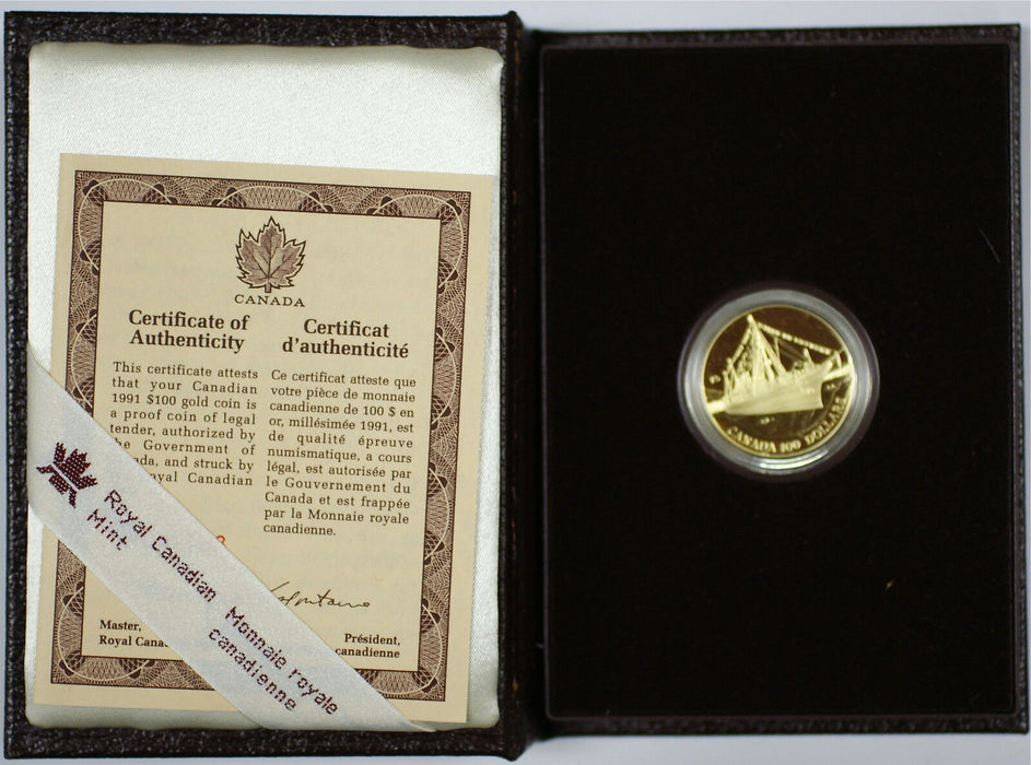 1991 Canada $100 .25 Oz Gold Proof Coin, Empress of India Steamship, Case w/COA