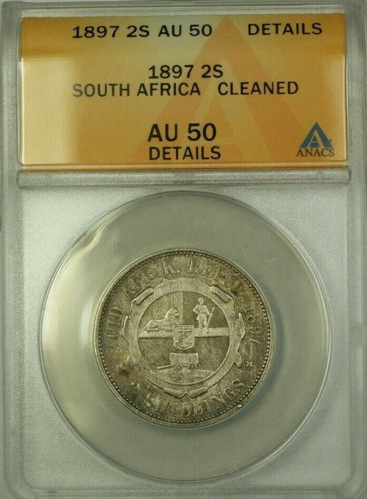 1897 South Africa 2 Shillings Coin ANACS AU 50 Cleaned Details
