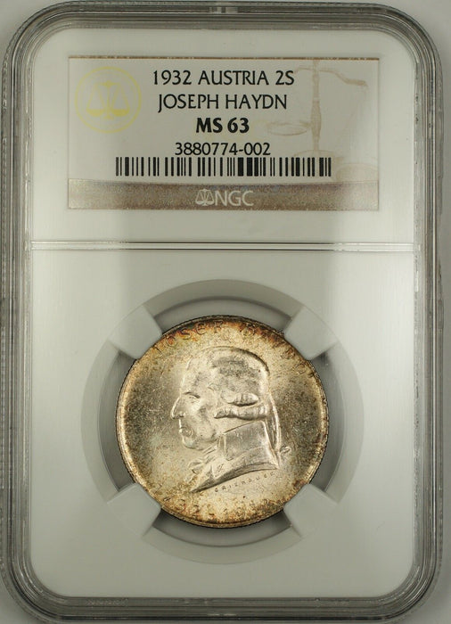 1932 Joseph Haydn Austria 2S Two Schilling Silver Coin NGC MS-63