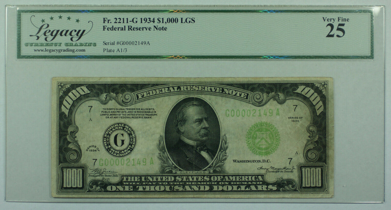 1934 $1000 One Thousand Dollar Bill LGS FRN Fr. 2211-G Legacy VF-25 (DW)
