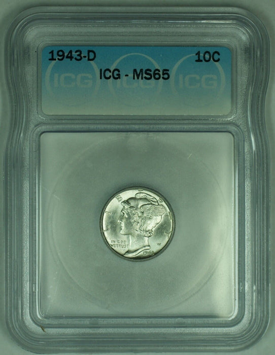 1943-D Mercury Silver Dime 10c Coin ICG MS 65 (Looks Full Band) (53) B