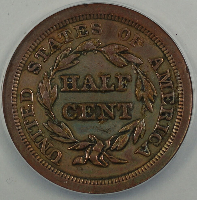1851 Half 1/2 Cent, ANACS AU-50 Details, Scratched - Cleaned - Glue Residue, AKR