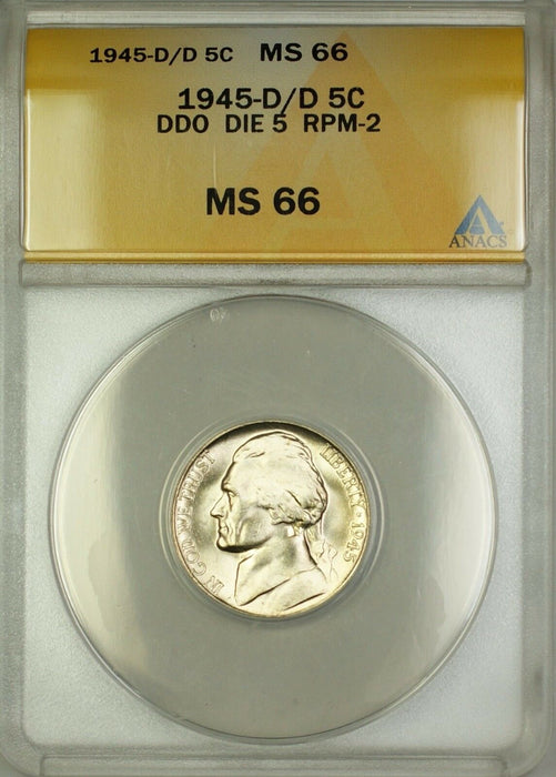 1945-D/D RPM-2 DDO DIE 5 Wartime Silver Jefferson Nickel 5c Coin ANACS MS-66 (G)