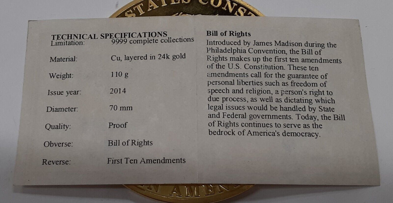 American Mint Bill of Rights Gold Plated Medal - Proof W/COA