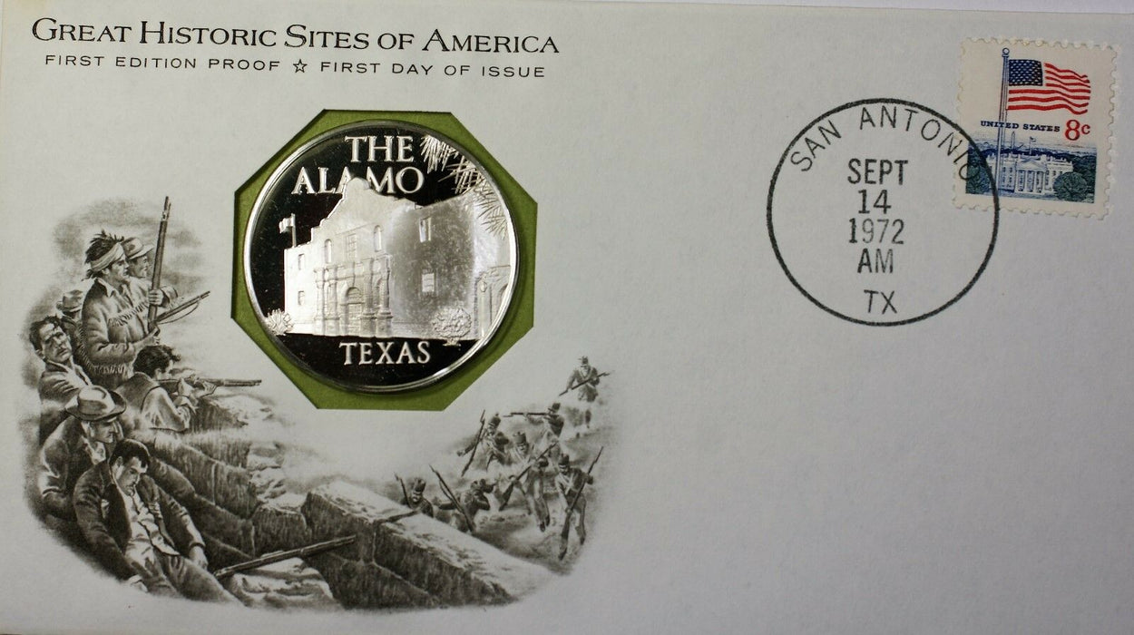 1972 The Alamo Texas Great Historic Sites Medal Proof Silver First Day Cover