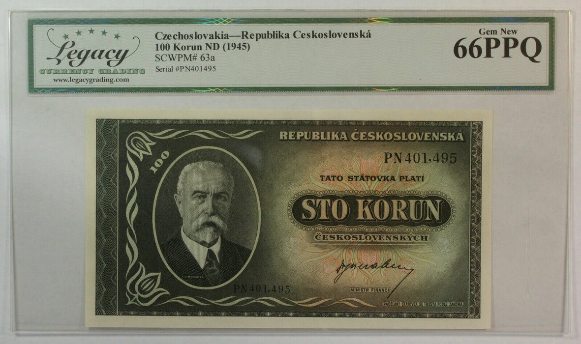 1945 100 Korun Czechoslovakia Republic WW2 Era Currency Note Legacy Gem 66 PPQ